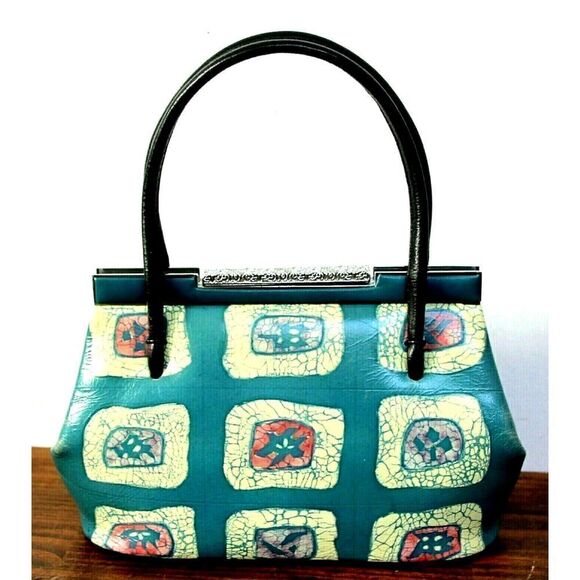 AWESOME VTG BLACK BLUE PRINT GENUINE LEATHER CLASP TOP FRAME SMALL PURSE HANDBAG - Picture 1 of 7
